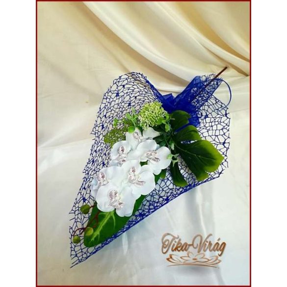 Fehér orchideás-királykék díszítésű Szülő-köszöntő Örök-csokor 