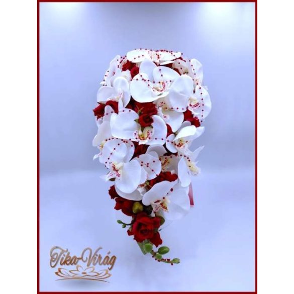Fehér orchideás - bordó rózsás örök-cseppcsokor 