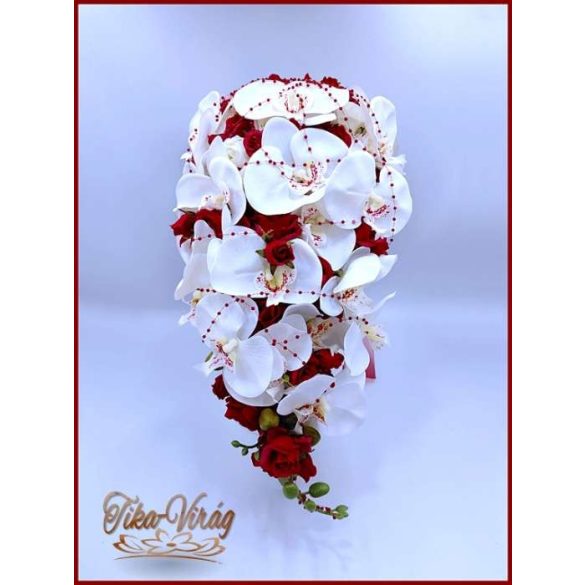 Fehér orchideás - bordó rózsás örök-cseppcsokor 