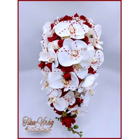 Fehér orchideás - bordó rózsás örök-cseppcsokor 