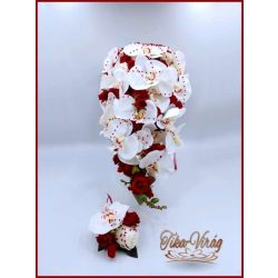   Fehér orchideás - bordó rózsás örök-cseppcsokor + kitűzővel 