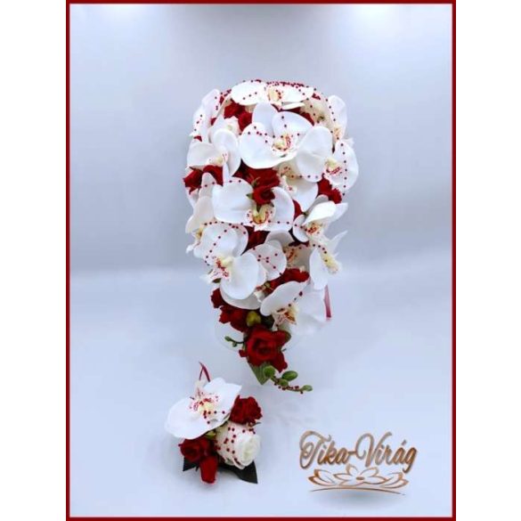 Fehér orchideás - bordó rózsás örök-cseppcsokor + kitűzővel 