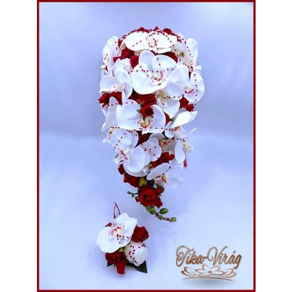 Fehér orchideás - bordó rózsás örök-cseppcsokor + kitűzővel 