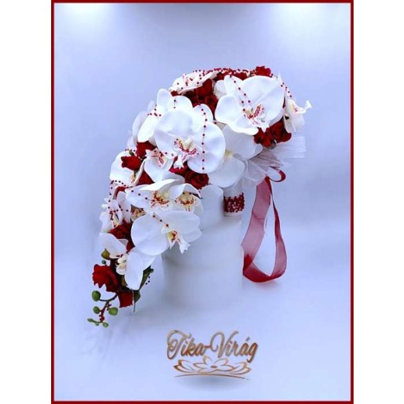 Fehér orchideás - bordó rózsás örök-cseppcsokor + kitűzővel 