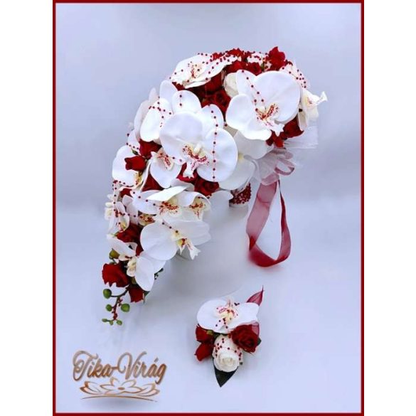 Fehér orchideás - bordó rózsás örök-cseppcsokor + kitűzővel 