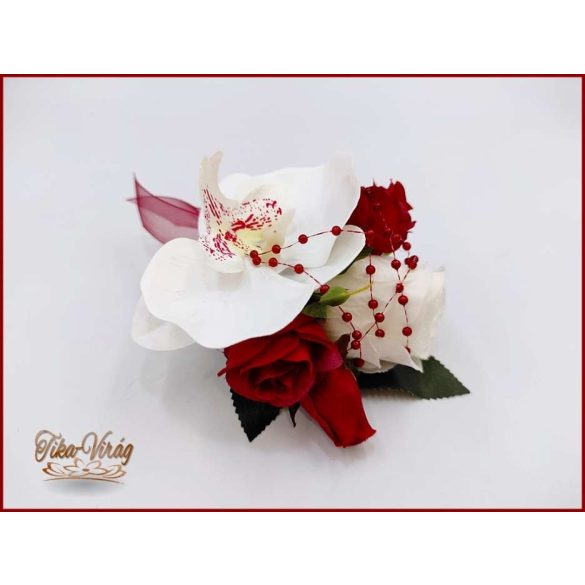 Fehér orchideás - bordó rózsás örök-cseppcsokor + kitűzővel 