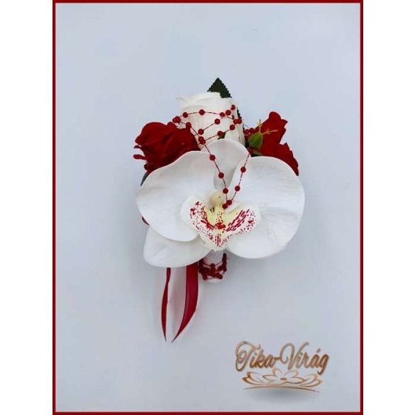 Fehér orchideás- bordó rózsás kitűző, bokréta 