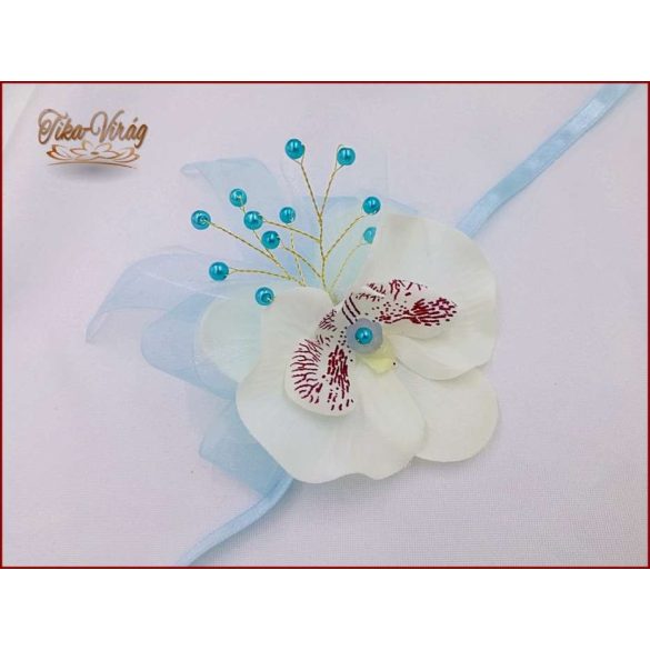 Világoskék-fehér orchideás csuklódísz 