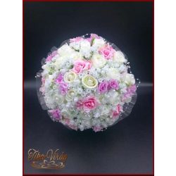   25 SZÁLAS FEHÉR RÓZSÁS-LILA-rózsaszín RÓZSÁVAL DÍSZÍTETT ÖRÖK-CSOKOR 