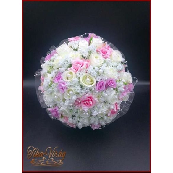25 SZÁLAS FEHÉR RÓZSÁS-LILA-rózsaszín RÓZSÁVAL DÍSZÍTETT ÖRÖK-CSOKOR 