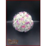 25 SZÁLAS FEHÉR RÓZSÁS-LILA-rózsaszín RÓZSÁVAL DÍSZÍTETT ÖRÖK-CSOKOR 