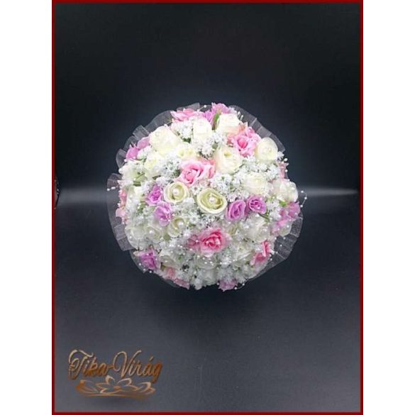25 SZÁLAS FEHÉR RÓZSÁS-LILA-rózsaszín RÓZSÁVAL DÍSZÍTETT ÖRÖK-CSOKOR 