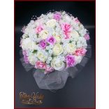 25 SZÁLAS FEHÉR RÓZSÁS-LILA-rózsaszín RÓZSÁVAL DÍSZÍTETT ÖRÖK-CSOKOR 