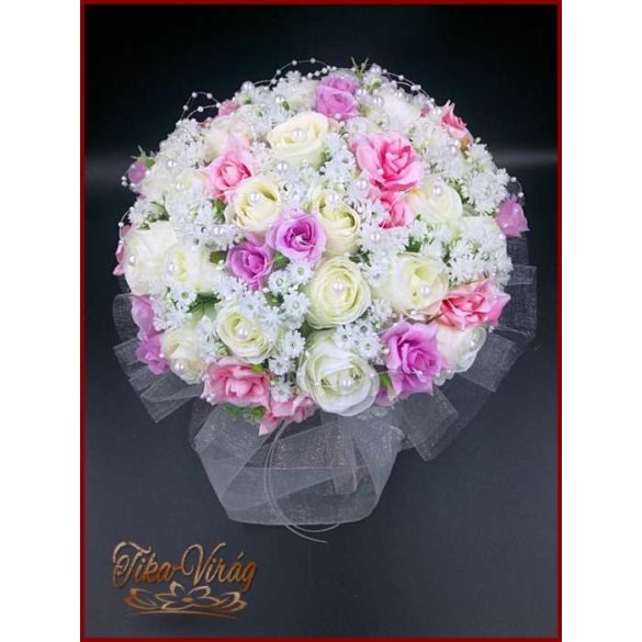 25 SZÁLAS FEHÉR RÓZSÁS-LILA-rózsaszín RÓZSÁVAL DÍSZÍTETT ÖRÖK-CSOKOR 