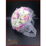 25 SZÁLAS FEHÉR RÓZSÁS-LILA-rózsaszín RÓZSÁVAL DÍSZÍTETT ÖRÖK-CSOKOR 