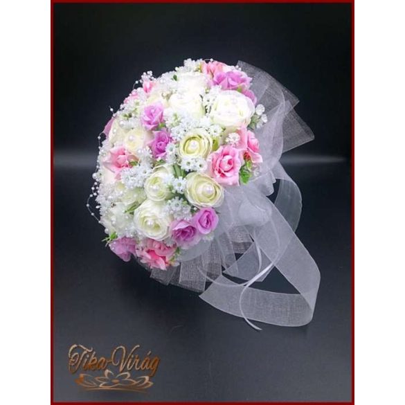 25 SZÁLAS FEHÉR RÓZSÁS-LILA-rózsaszín RÓZSÁVAL DÍSZÍTETT ÖRÖK-CSOKOR 