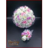 25 SZÁLAS FEHÉR RÓZSÁS-LILA-RÓZSASZÍN RÓZSÁVAL DÍSZÍTETT ÖRÖK-CSOKOR+kitűzővel 