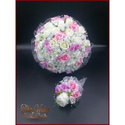   25 SZÁLAS FEHÉR RÓZSÁS-LILA-RÓZSASZÍN RÓZSÁVAL DÍSZÍTETT ÖRÖK-CSOKOR+kitűzővel 