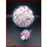 25 SZÁLAS FEHÉR RÓZSÁS-LILA-RÓZSASZÍN RÓZSÁVAL DÍSZÍTETT ÖRÖK-CSOKOR+kitűzővel 