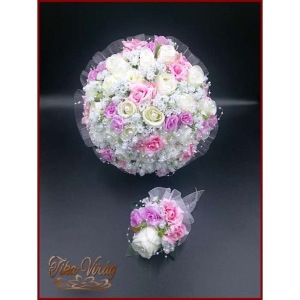 25 SZÁLAS FEHÉR RÓZSÁS-LILA-RÓZSASZÍN RÓZSÁVAL DÍSZÍTETT ÖRÖK-CSOKOR+kitűzővel 