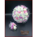 25 SZÁLAS FEHÉR RÓZSÁS-LILA-RÓZSASZÍN RÓZSÁVAL DÍSZÍTETT ÖRÖK-CSOKOR+kitűzővel 