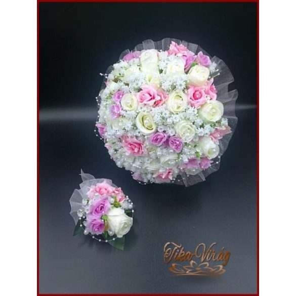 25 SZÁLAS FEHÉR RÓZSÁS-LILA-RÓZSASZÍN RÓZSÁVAL DÍSZÍTETT ÖRÖK-CSOKOR+kitűzővel 