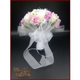 25 SZÁLAS FEHÉR RÓZSÁS-LILA-RÓZSASZÍN RÓZSÁVAL DÍSZÍTETT ÖRÖK-CSOKOR+kitűzővel 