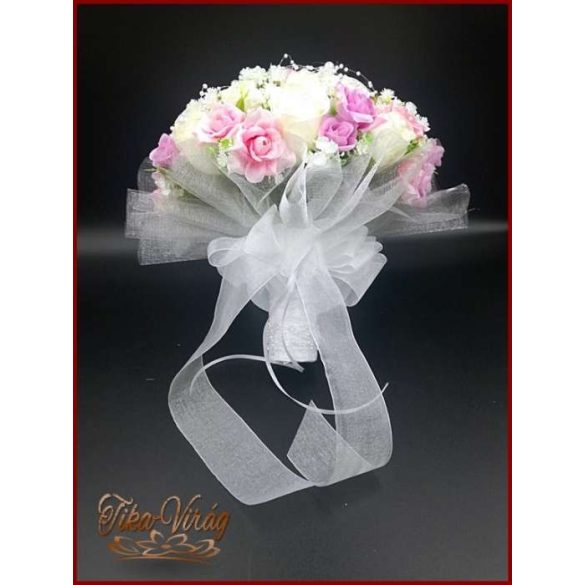 25 SZÁLAS FEHÉR RÓZSÁS-LILA-RÓZSASZÍN RÓZSÁVAL DÍSZÍTETT ÖRÖK-CSOKOR+kitűzővel 