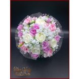 5 SZÁLAS FEHÉR RÓZSÁS-LILA-RÓZSASZÍN RÓZSÁVAL DÍSZÍTETT ÖRÖK-CSOKOR 