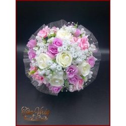   5 SZÁLAS FEHÉR RÓZSÁS-LILA-RÓZSASZÍN RÓZSÁVAL DÍSZÍTETT ÖRÖK-CSOKOR 