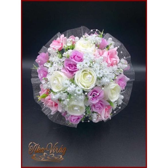 5 SZÁLAS FEHÉR RÓZSÁS-LILA-RÓZSASZÍN RÓZSÁVAL DÍSZÍTETT ÖRÖK-CSOKOR 