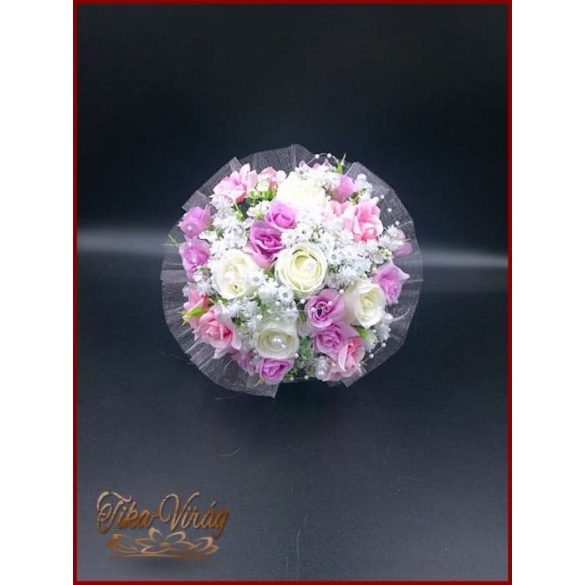 5 SZÁLAS FEHÉR RÓZSÁS-LILA-RÓZSASZÍN RÓZSÁVAL DÍSZÍTETT ÖRÖK-CSOKOR 