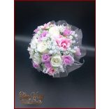 5 SZÁLAS FEHÉR RÓZSÁS-LILA-RÓZSASZÍN RÓZSÁVAL DÍSZÍTETT ÖRÖK-CSOKOR 