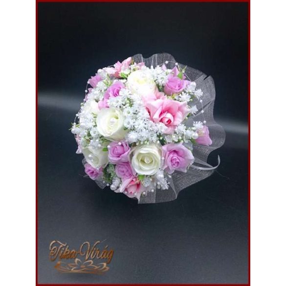 5 SZÁLAS FEHÉR RÓZSÁS-LILA-RÓZSASZÍN RÓZSÁVAL DÍSZÍTETT ÖRÖK-CSOKOR 