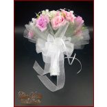 5 SZÁLAS FEHÉR RÓZSÁS-LILA-RÓZSASZÍN RÓZSÁVAL DÍSZÍTETT ÖRÖK-CSOKOR 