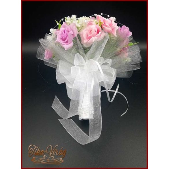 5 SZÁLAS FEHÉR RÓZSÁS-LILA-RÓZSASZÍN RÓZSÁVAL DÍSZÍTETT ÖRÖK-CSOKOR 