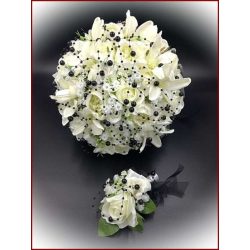   Fekete-fehér örök-csokor vagány menyasszonyoknak + kitűzővel 