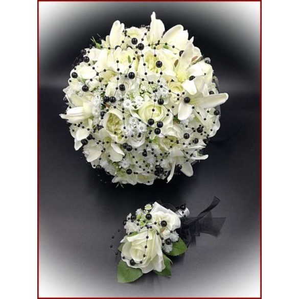 Fekete-fehér örök-csokor vagány menyasszonyoknak + kitűzővel 