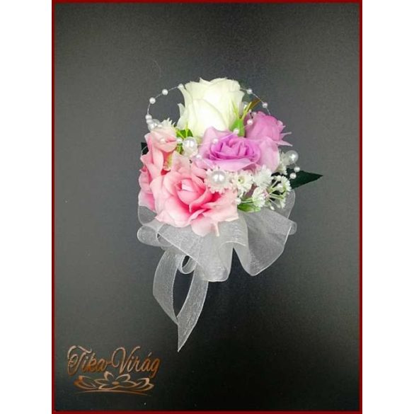 Fehér rózsa-lila-rózsaszín díszítéssel kitűző, bokréta 