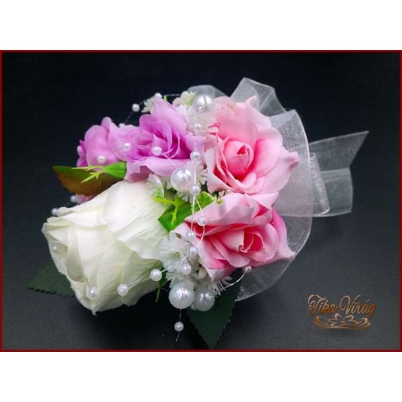 Fehér rózsa-lila-rózsaszín díszítéssel kitűző, bokréta 