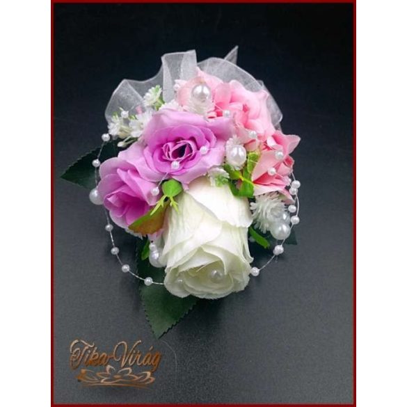 Fehér rózsa-lila-rózsaszín díszítéssel kitűző, bokréta 