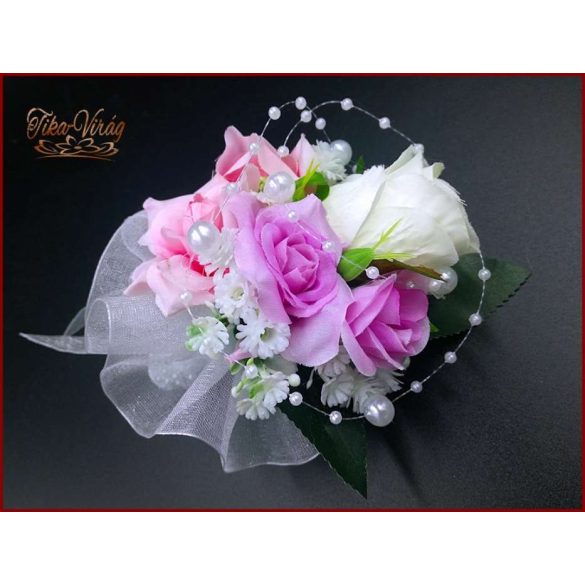 Fehér rózsa-lila-rózsaszín díszítéssel kitűző, bokréta 
