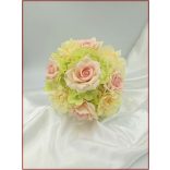 Rózsaszín rózsás-vajsárga azáleás-zöld hortenziával Örök-csokor 