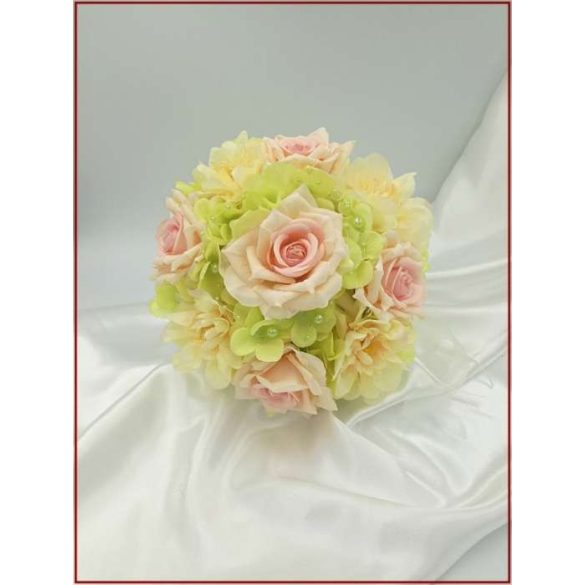 Rózsaszín rózsás-vajsárga azáleás-zöld hortenziával Örök-csokor 