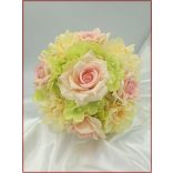 Rózsaszín rózsás-vajsárga azáleás-zöld hortenziával Örök-csokor 