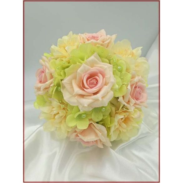 Rózsaszín rózsás-vajsárga azáleás-zöld hortenziával Örök-csokor 