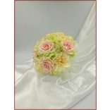 Rózsaszín rózsás-vajsárga azáleás-zöld hortenziával Örök-csokor 