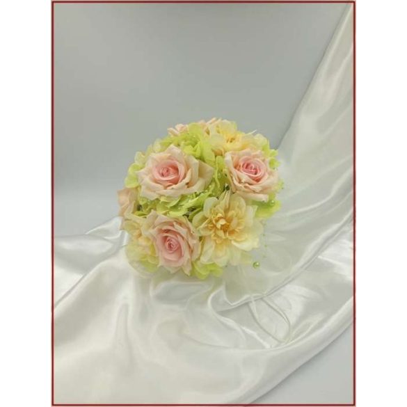 Rózsaszín rózsás-vajsárga azáleás-zöld hortenziával Örök-csokor 