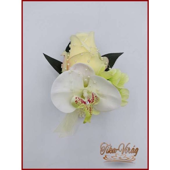 Pasztell sárga rózsás - zöldes-fehér orchideás - zöld hortenziával díszített kitűző, bokréta 