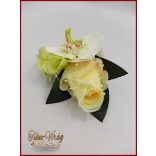 Pasztell sárga rózsás - zöldes-fehér orchideás - zöld hortenziával díszített kitűző, bokréta 